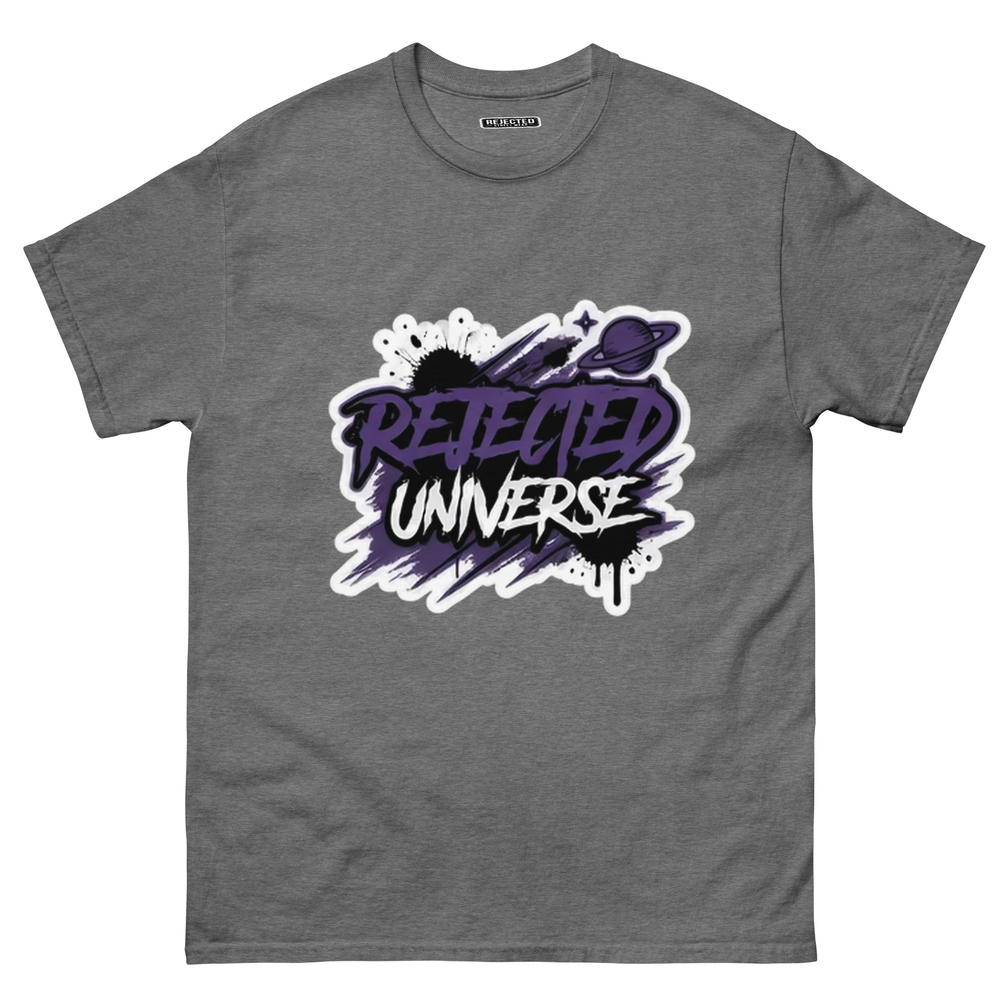 Rejected Universe logo tee in purple — leaning graffiti tag with an orbiting planet and spray splatter